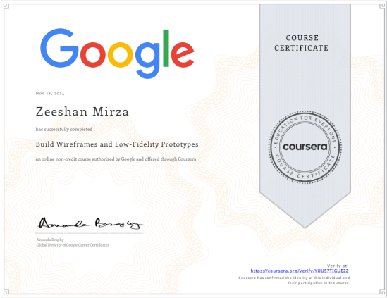 Google UX Design course certificate completed by Zeeshan Mirza through Coursera