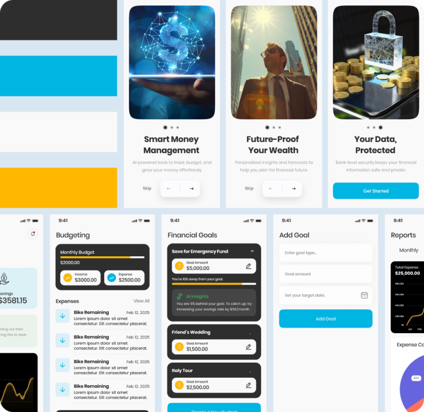 FinSage budgeting, goal tracking, and report screen concepts
