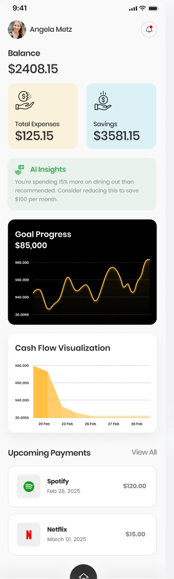FinSage financial overview with balance, expenses, savings, guidance, goals, and cash-flow visualization