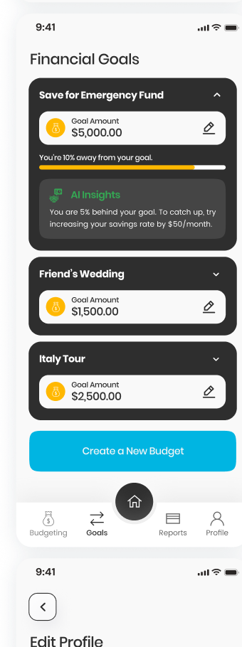 FinSage financial goals screen with targets, progress, and conceptual guidance