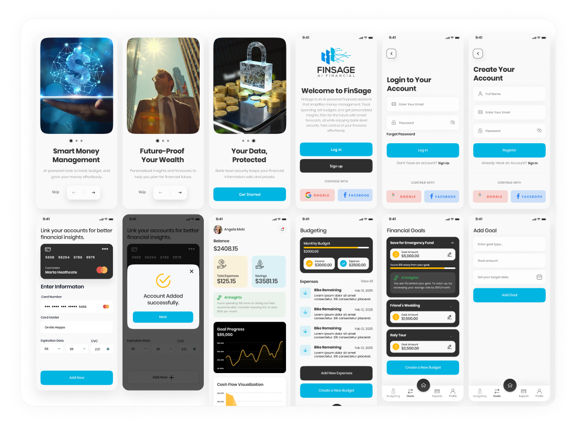 Straight-on FinSage mobile interface screens showing onboarding, account setup, overview, budgeting, and goals