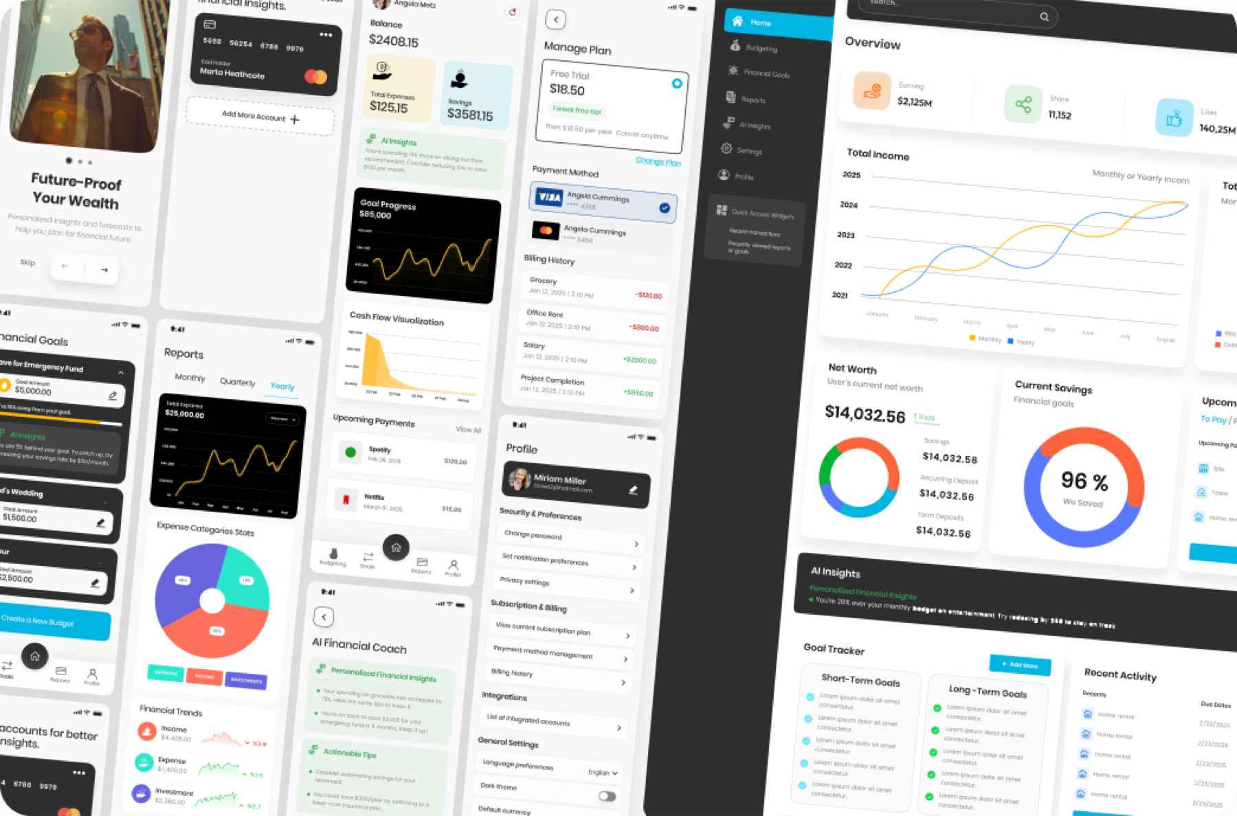 FinSage mobile financial dashboards and desktop overview concept