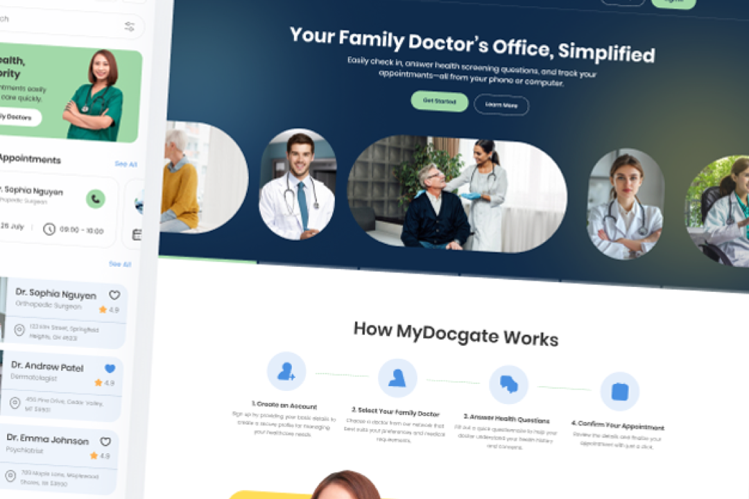 MyDocgate desktop product concept showing provider discovery and the appointment model