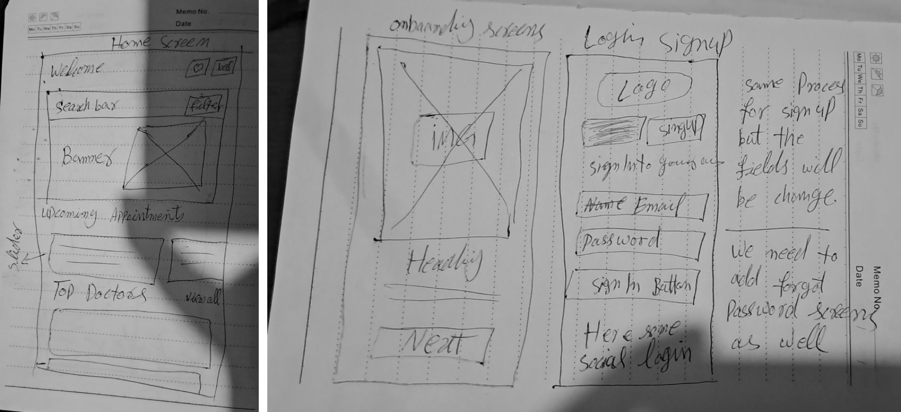Early hand-drawn MyDocgate mobile interface sketches