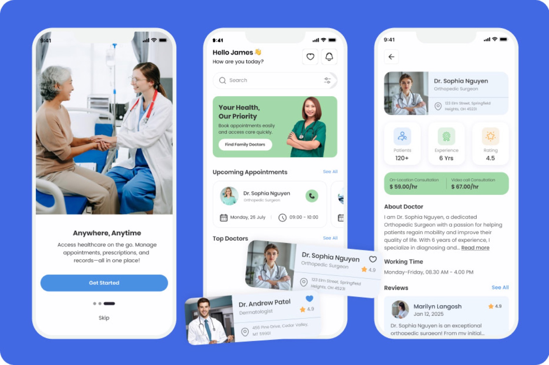 Three high-fidelity MyDocgate mobile concept screens