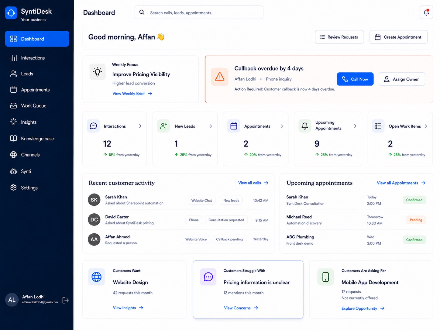 SyntiDesk dashboard showing interactions, leads, appointments, work items, and business insight