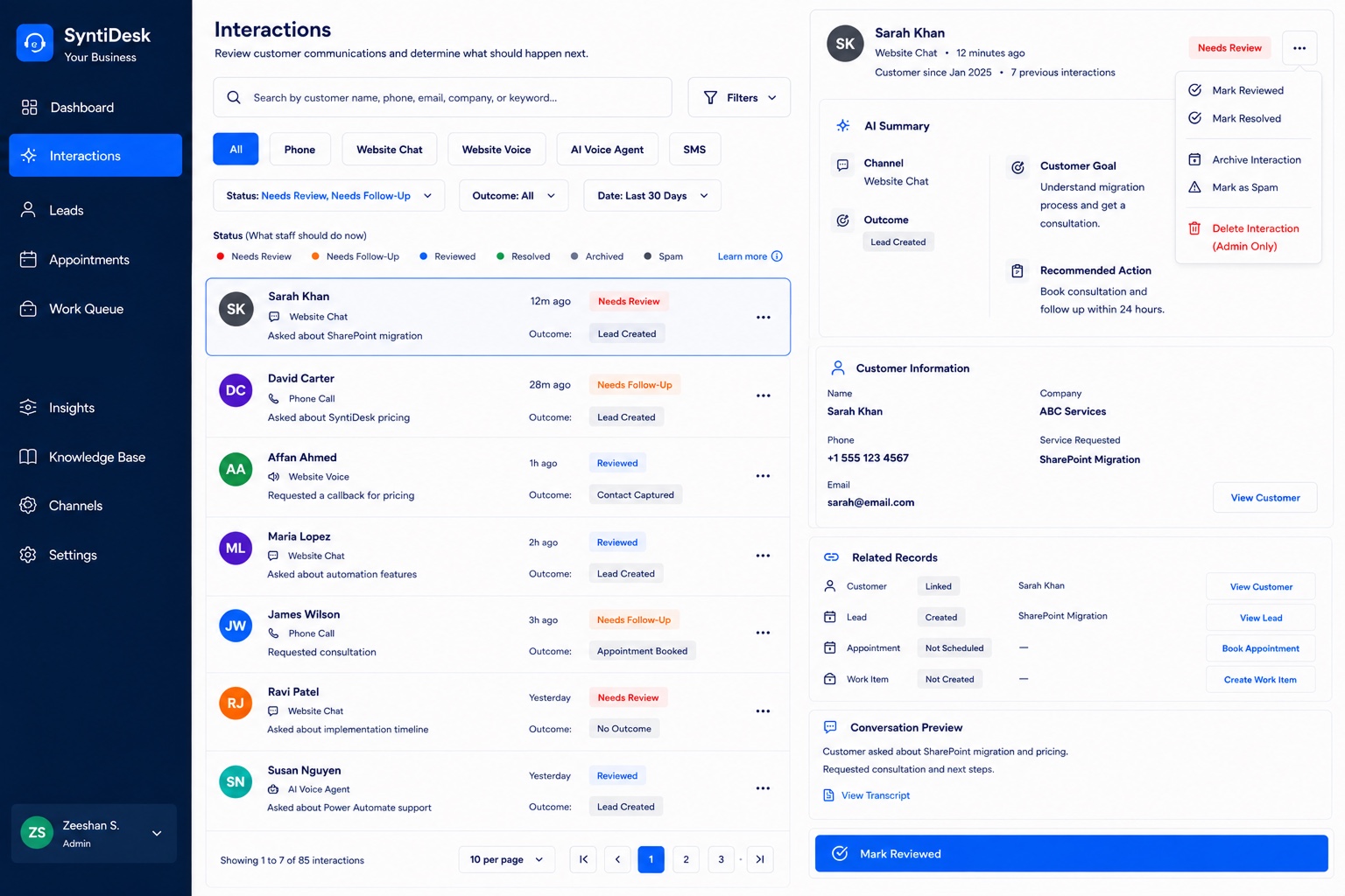 SyntiDesk interactions workspace showing channel filters, review status, AI summary, and related records
