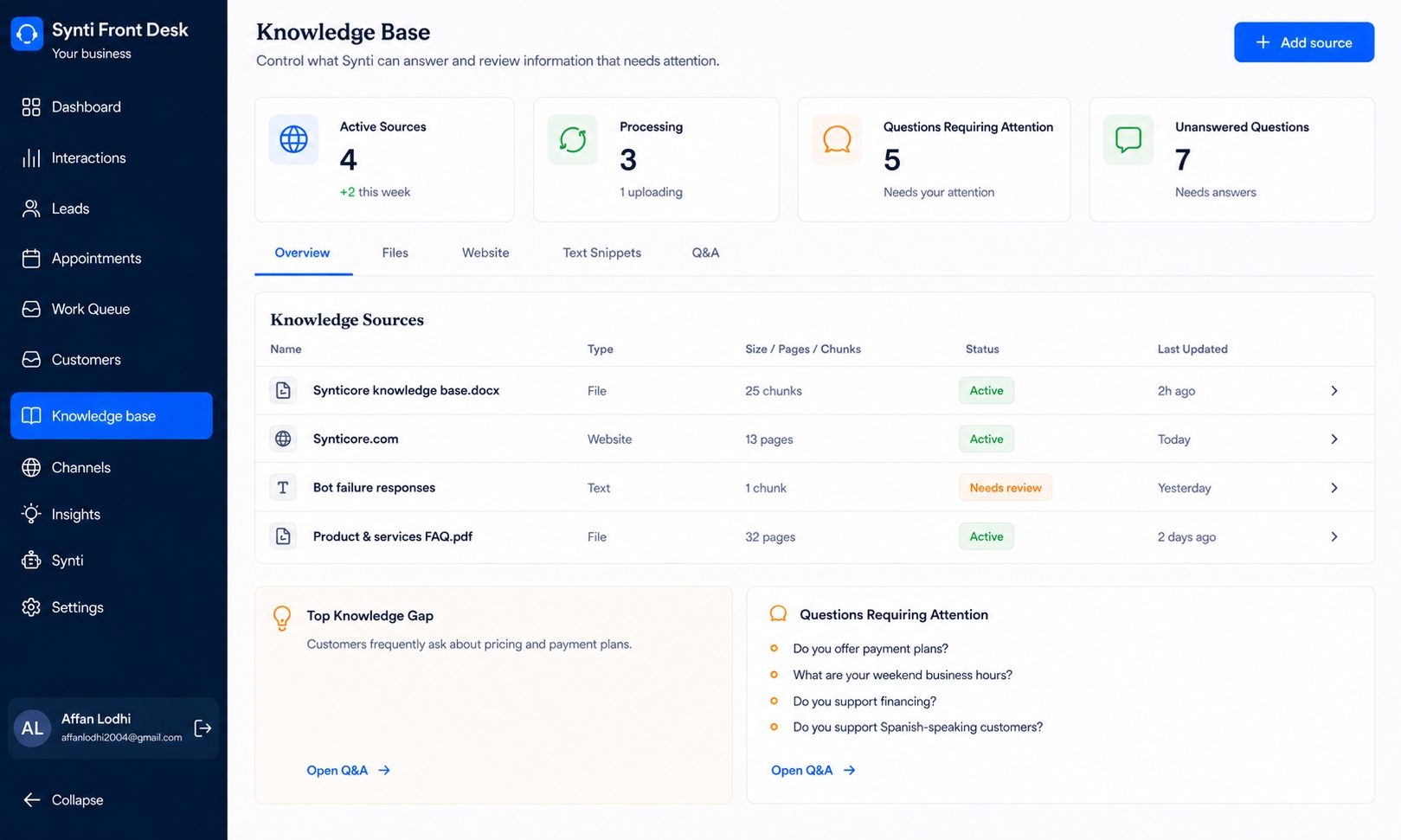 SyntiDesk Knowledge Base showing approved sources, processing status, and questions requiring attention