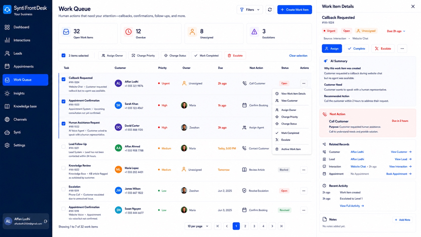 SyntiDesk Work Queue showing human-owned follow-up, priority, status, and related records