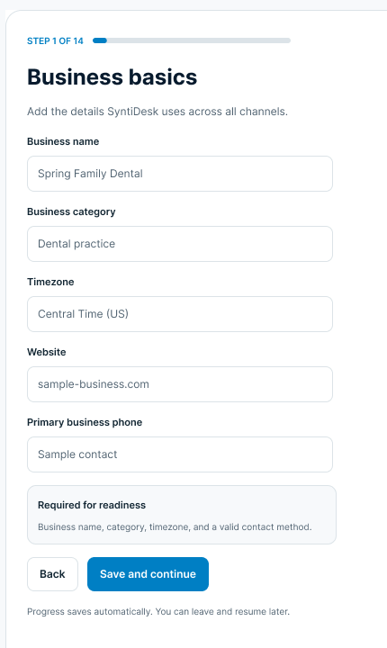 Early wireframe exploring business setup requirements