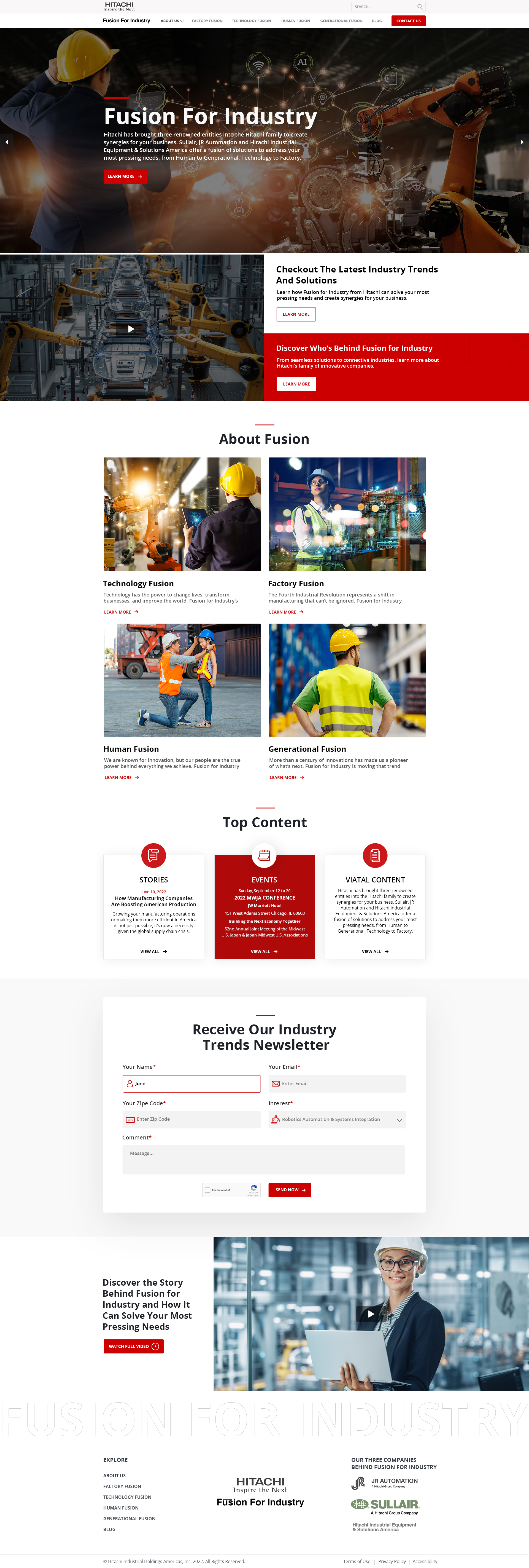 Hitachi Fusion for Industry desktop homepage