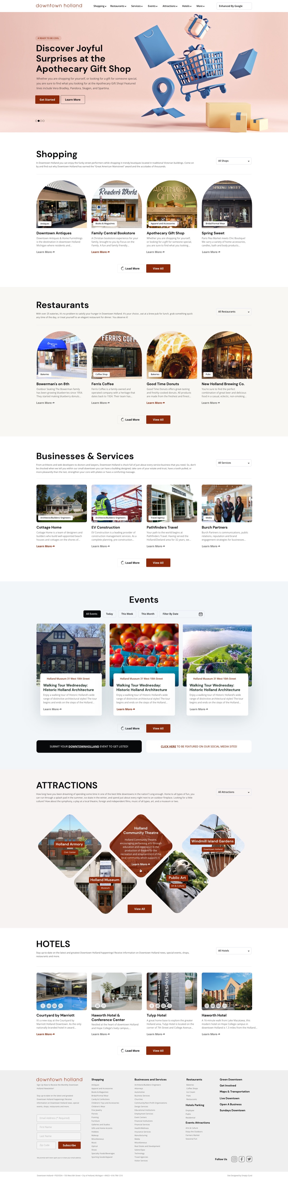 Community directory website organizing shopping, restaurants, services, events, attractions, and hotels