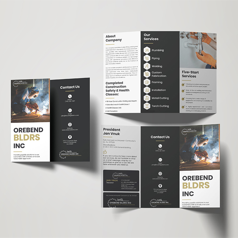 Construction services brochure system with restrained black and gold typography
