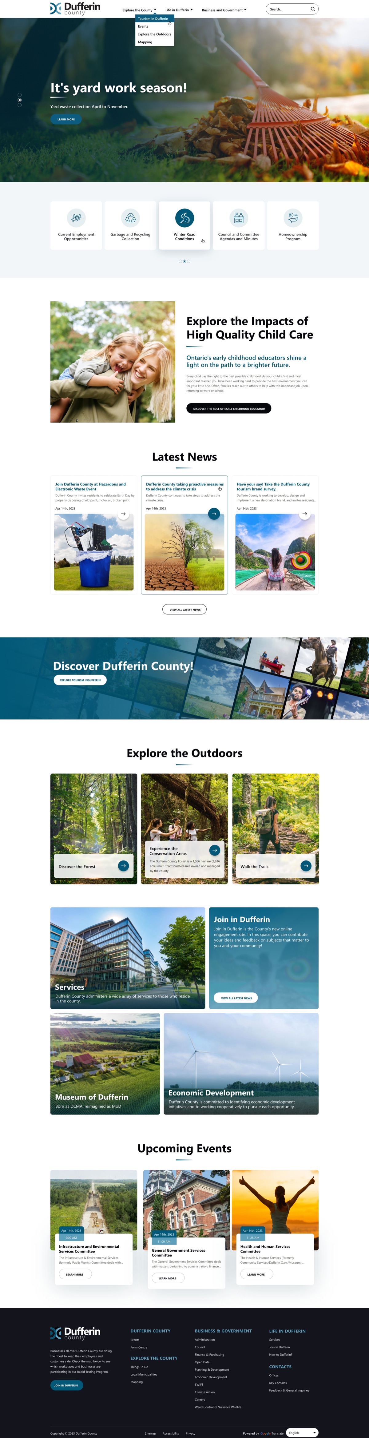 County website organizing public services, news, outdoor destinations, and community events