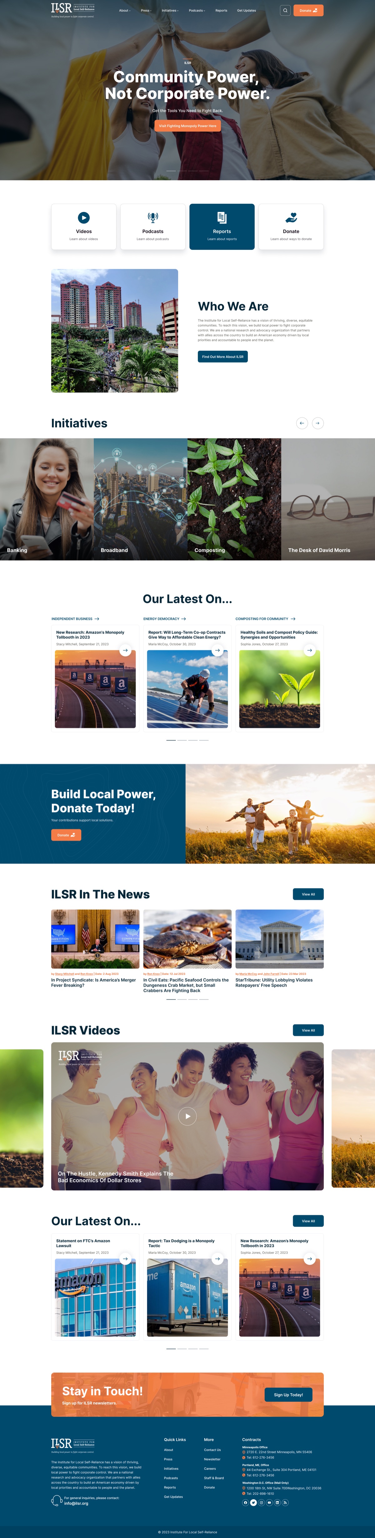 Editorial nonprofit website combining initiatives, research, news, video, and donation pathways