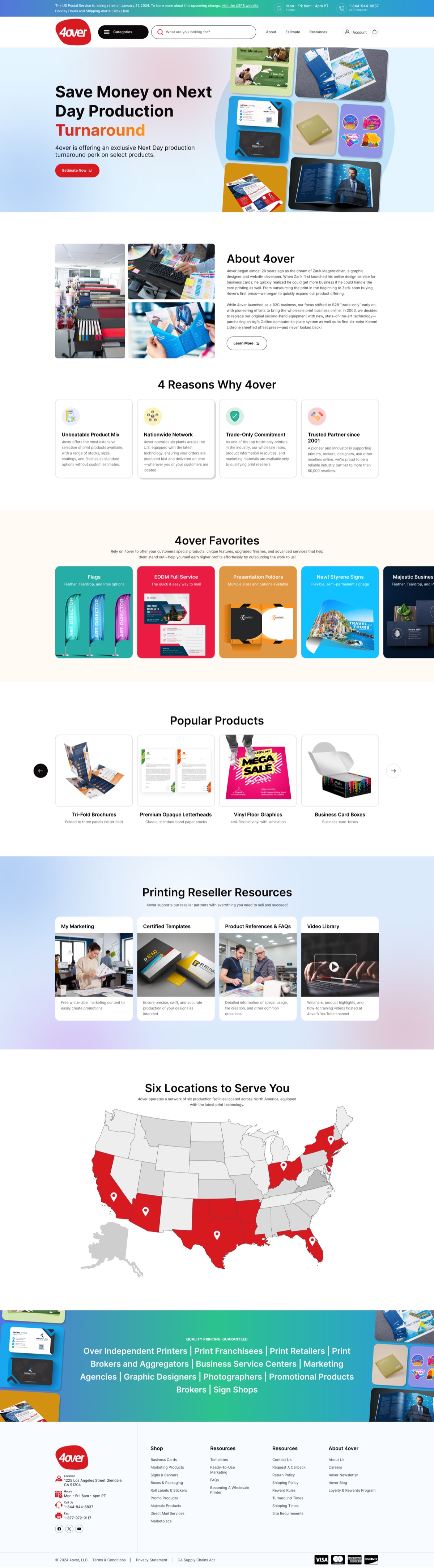 Printing platform website with product categories, resource cards, and national service map