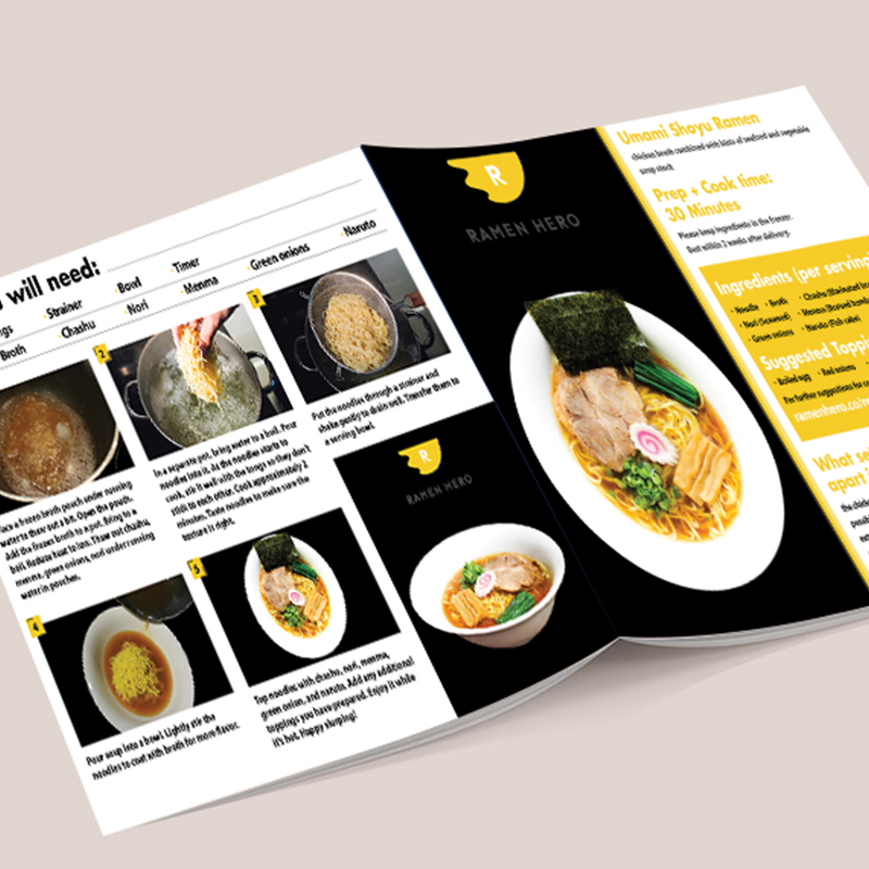 Ramen preparation brochure with step-by-step photography and ingredient information